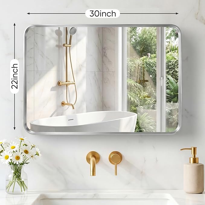 NEWBULIG 22X30 Inch Bathroom Mirror for Over Sink, Wall Vanity Mirrors Tempered Glass, Anti-Rust Metal Framed Rounded Rectangle, Hangs Horizontally or Vertically, Farmhouse Home Decor, Silvery