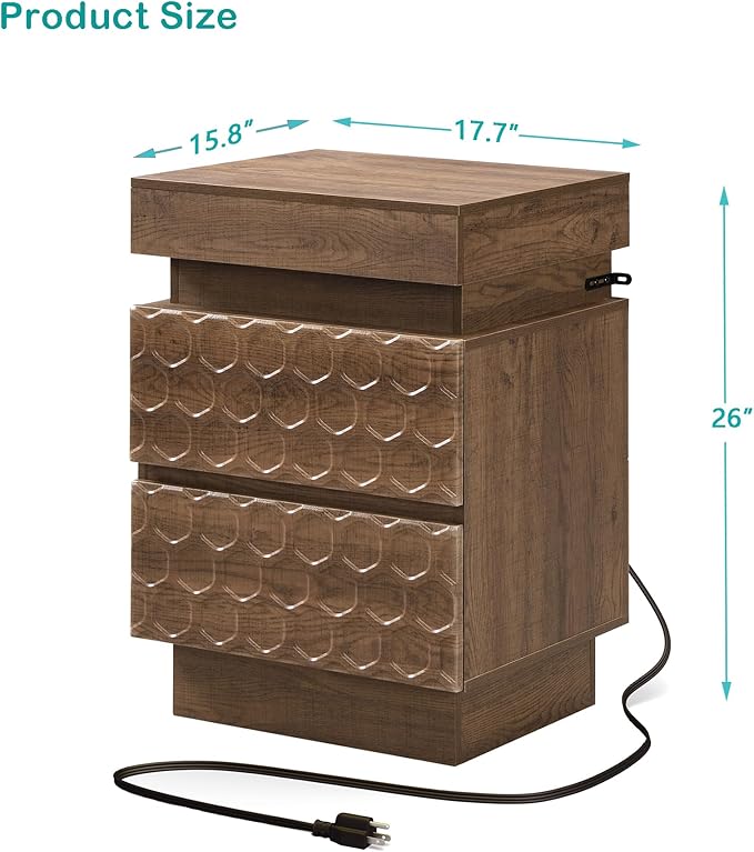 Led Nightstand with Charging Station, Hexagonal Fluted Night Stand with Sliding Top, Wooden Bedside Table with 3 Drawers, Modern Bed Side End Table for Bedroom, Living Room, Walnut Brown