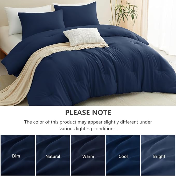 CozyLux Oversized Queen Comforter Set Navy Blue, 3 Pieces 98"x98" Lightweight Down Alternative Quilted Bedding Set, All Season Soft Breathable Solid Comforter with 2 Pillowcases, Bed Set Gift for Home