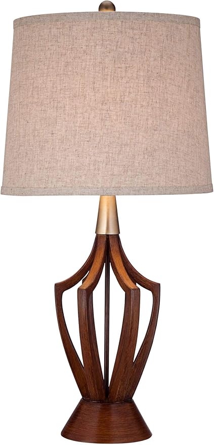 360 Lighting St. Claire Mid Century Modern Table Lamp 30 3/4" Tall Wood Brown Open Vase Taupe Fabric Drum Shade for Bedroom Living Room House Bedside Nightstand Home Office Entryway Family