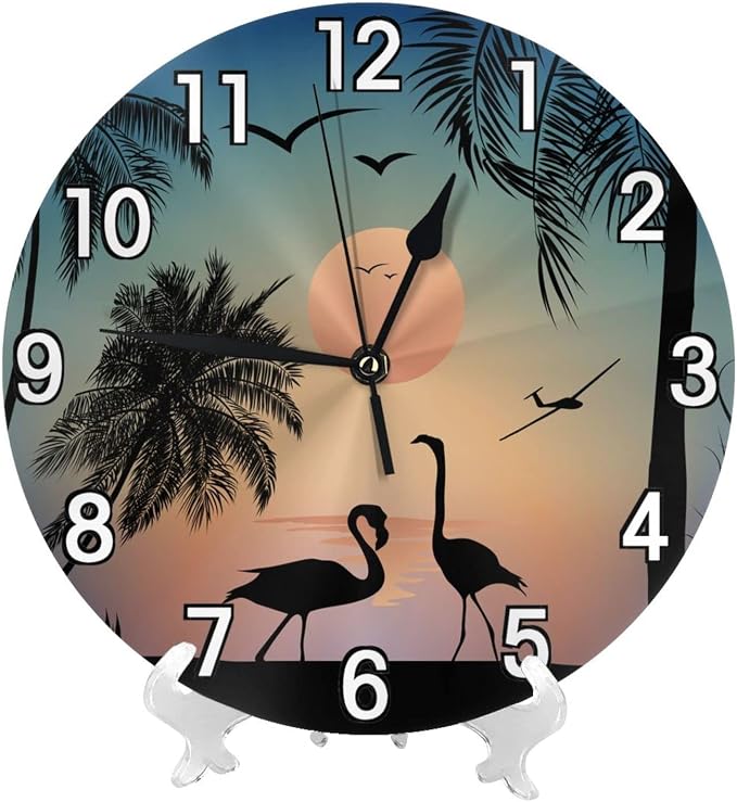 Flamingos Walk on the sea Beach Wall Clock Battery Operated Silent Round Clock Wall Decor for Home Office School, 12 Inch