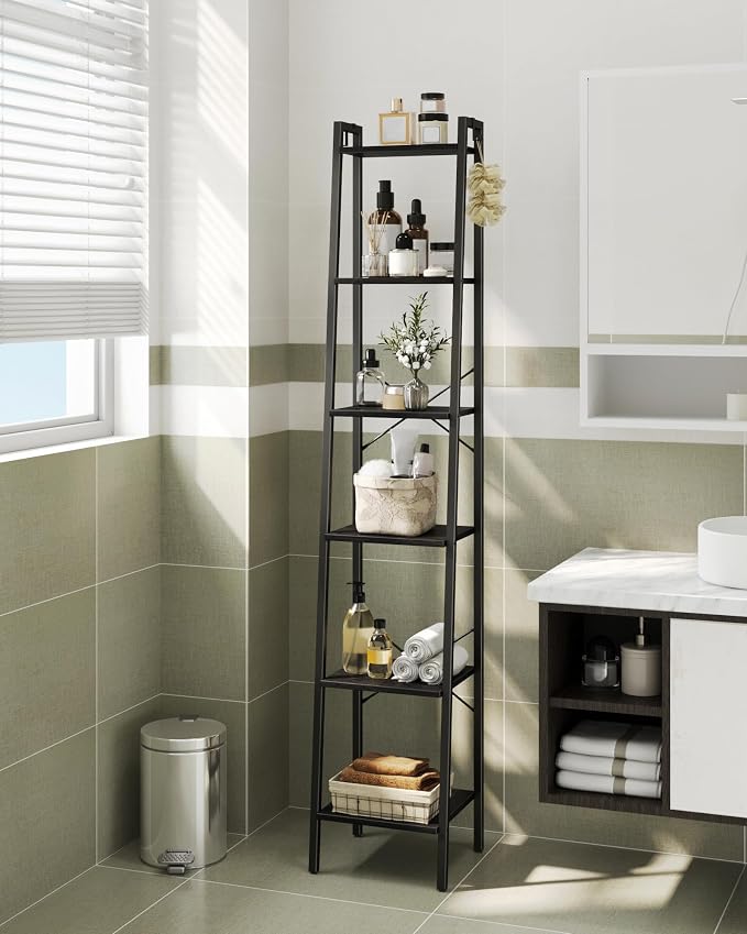 Hzuaneri Ladder Shelf, Bookshelf Bookcase, Freestanding Corner Storage Shelve with 2 Hooks for Home Office, Living Room, Kitchen, Bedroom, Industrial, 11.8" D x 13.4" W x 72.8" H, Black BC13304B