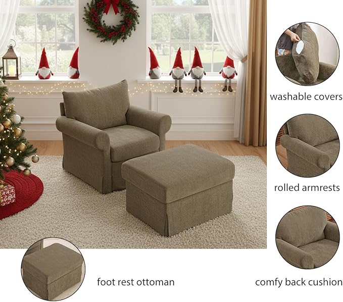 35.8" Chenille Accent Chair with Ottoman Set, Comfy Upholstered Armchair with Rolled Arms, Modern Single Reading Chair for Living Room, Bedroom, Apartment, Brown