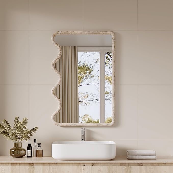 ULIKE Wavy Mirror for Wall, Rustic Wood Mirror for Bathroom Vanity, 24x36 Wooden Wall Mirrors Decorative for Bedroom, Living Room, Entryway, White