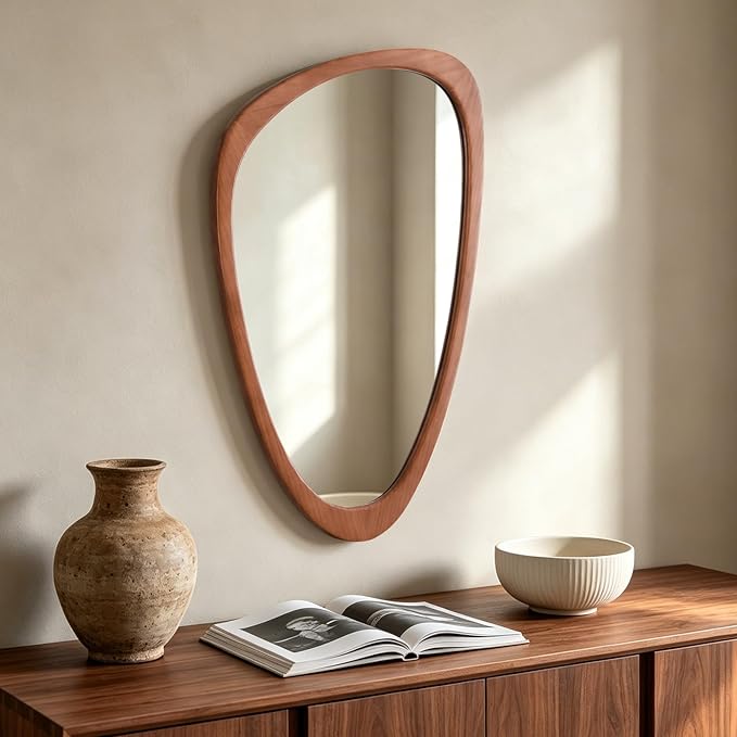 HOMECOOKIN 30.5" H x 19.5" W Asymmetrical Mirror, Irregular Wooden Wall Mirror for Bedroom, Living Room,Entryway– Mid-Century Modern Decorative Mirror, Solid Wood Frame, Pebble Shaped Design (Walnut)