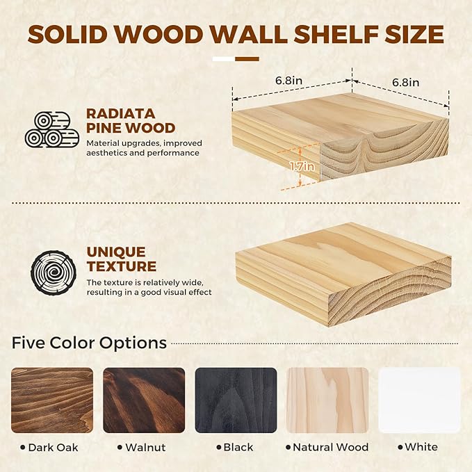 Floating Wall Shelves 6.8x6.8x1.7 Inch – Solid Wood Square Shelves in Natural Wood Finish – Rustic Mini Display Shelves for Entryway, Bathroom, Small Spaces – Set of 2