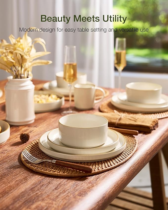 Famiware Star Dinnerware Set with Mugs, Service for 6 (24 Pieces), Ribbed Stoneware Plates and Bowls Dishes Sets with Trim - Chip & Scratch Resistant, Microwave & Dishwasher Safe, White