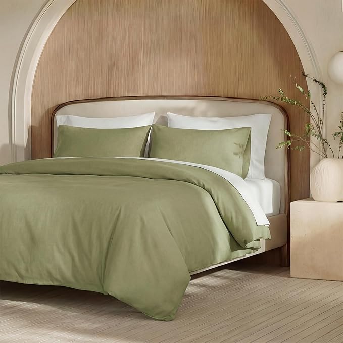 100% Washed Cotton Duvet Cover Queen Size – Avocado Green, Linen-Like Texture, Super Soft & Breathable Bedding Set, 3-Piece Durable Percale Comforter Cover