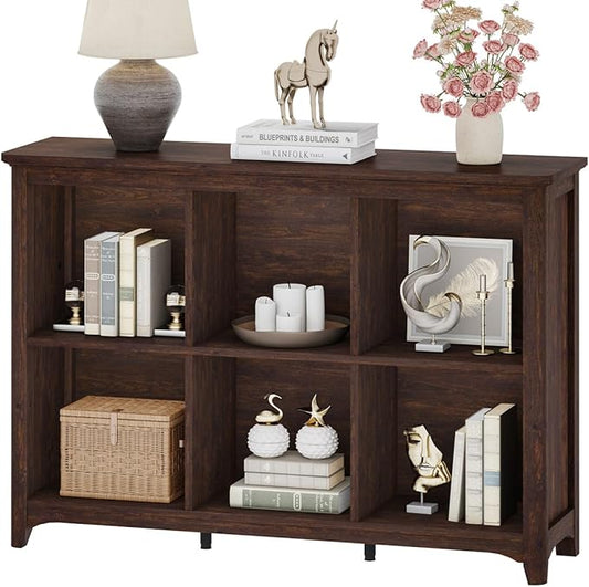 BON AUGURE 6 Cube Storage Bookcase, 43" Wide Horizontal Wooden Bookshelf, Floor Standing Low Book Shelf with Curved Edge for Living Room, Office - Brown Cherry