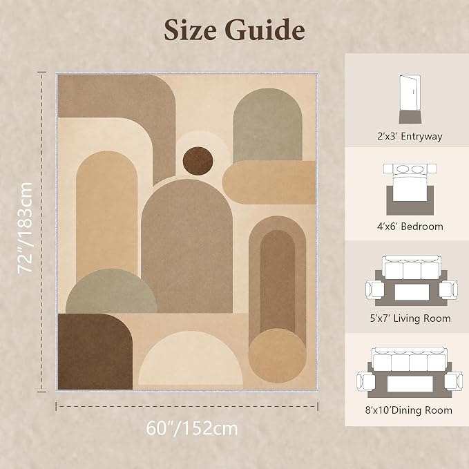 Neutral Geometric Area Rug 5x6, Mid Century Modern Abstract Rug, Soft Taupe Beige Color Block Washable Low Pile Non Slip Rug for Living Room Bedroom