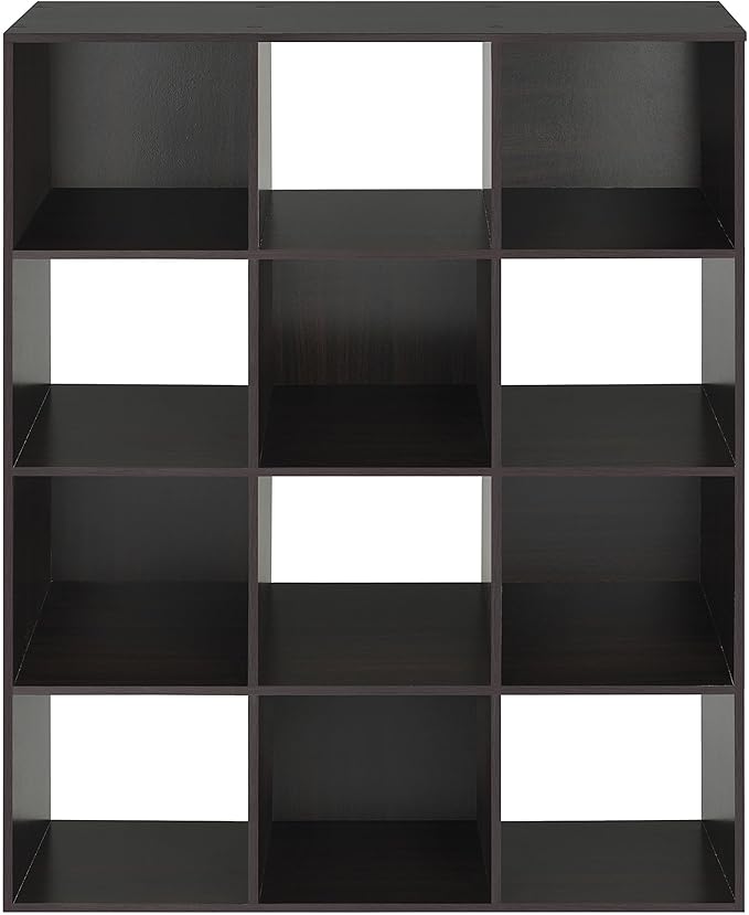 Whitmor 12 Cube Storage Organizer, 4 Tier Stackable Mdf Wood Bookcase, Open Storage Display Bookshelf, Storage Cabinet for Living Room, Bedroom, Home, Office, 35.1"L x 11.7"W x 47.5"H, Espresso