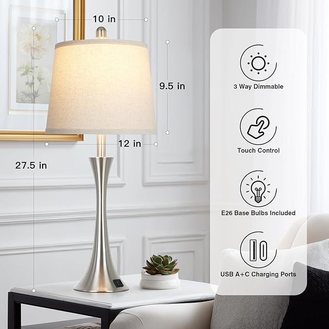 Rinweey 27.5" Silver Table Lamps Set of 2, Touch Bedside Lamps with USB C+A Ports, 3 Way Dimmable Nightstand Lamps for Bedroom, Living Room, Office, Silver Lamp with Beige Lampshade, Bulbs Included