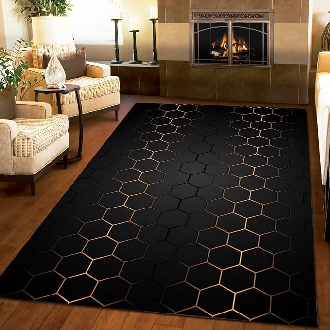 6x9 Area Rug Honeycomb Black Gold Hexagon Soft Washable Carpet, Black and Gold Line Art Easy Clean Rugs for Boys and Girls Nursery Bed Living Room Carpets Nursery Decor Rugs
