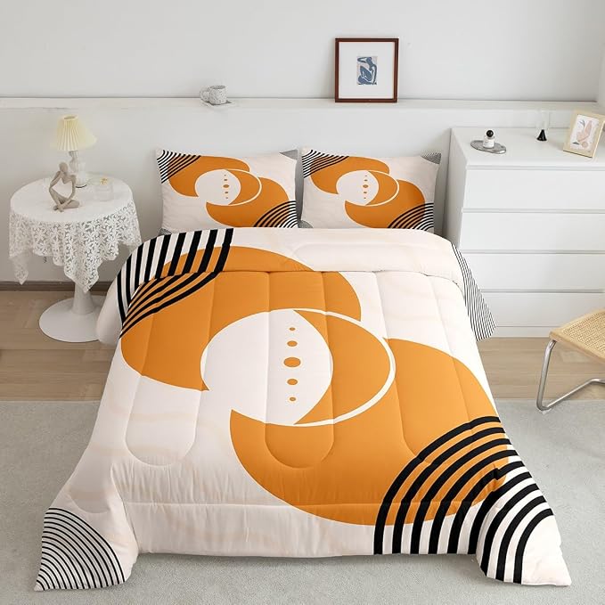 Orange Minimalist Bedding Set Twin Mid Century Comforter Set, Geometric Circle Duvet Insert Black Creamy White Aesthetic Quilt Comforter, Modern Bedding Comforters & Sets Microfiber 2 Pieces