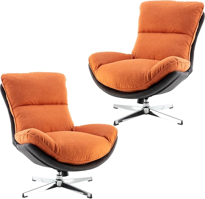 Swivel Accent Chair Set of 2, Modern Upholstered Linen Fabric Lounge Chair Sofa Chair with High Backrest, Comfy Rocking Chair for Living Room Bedroom, Orange