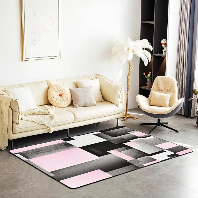 Abstract Pink Black Color Block Area Rug, Non Slip Living Room Rugs, Breathable Durable Carpet for Indoor Bedroom Conference Room Office Decor Rug - 3 ft x 5 ft