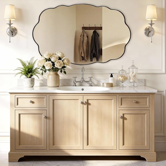 ANDY STAR Chrome Wavy Oval Bathroom Mirror - 30x48 Inch Large Scalloped Bathroom Mirror, Unique Irregular Design with Polished SUS Metal Frame