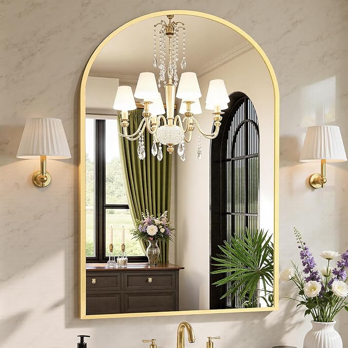 NEWBULIG 40X30 Inch Arched Bathroom Mirror for Wall, Vanity Bathroom Mirrors for Over Sink Tempered Glass, Anti-Rust Arched Metal Framed, Hangs Horizontally or Vertically, Farmhouse Home Decor, Gold