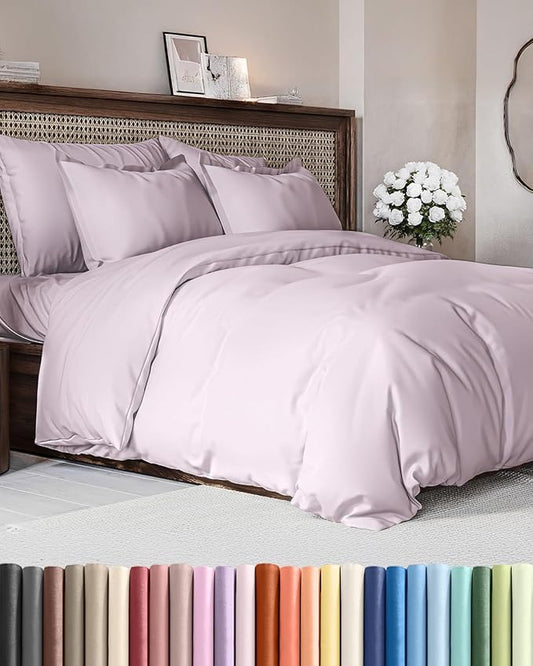 Duvet Cover Queen Size Set - Extra Soft Queen Size Duvet Cover 90 x 90 with 2 Pillow Shams - Hotel Luxury Easy Care and Fade Free w/Zipper Closures & Ties - Breathable Bedding Set (Light Lavender)