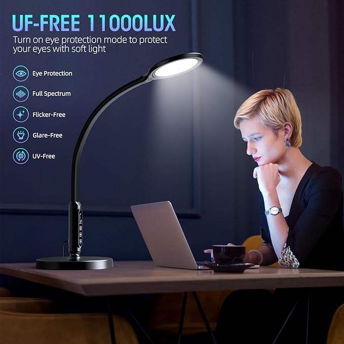 Happy Light Therapy lamp 11000 Lux, LED UV-Free Sunlight lamp,Full Spectrum Happy Therapy lamp with 10 Adjustable Brightness Levels, 2 in 1 Retractable Floor Sad Lamp (Black)