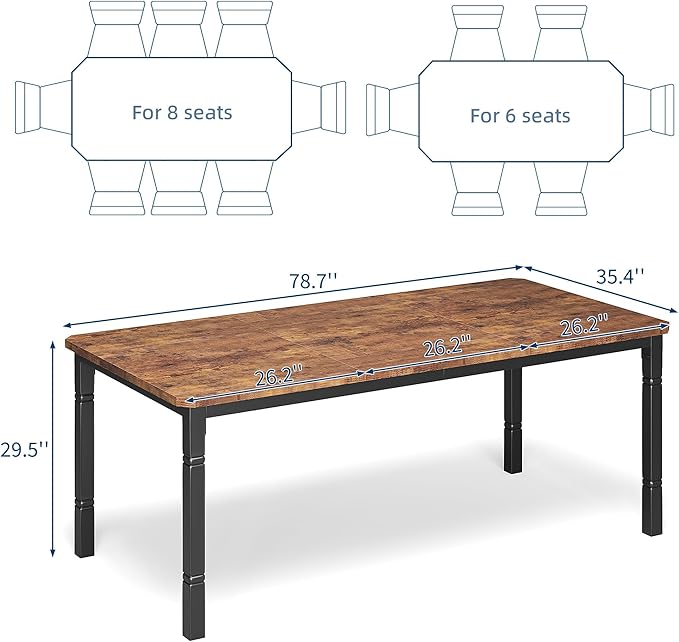 IDEALHOUSE 79" Dining Table for 6-8 People, Modern Rectangular Kitchen Table with Sturdy Metal Legs, Large Wood Farmhouse Dining Room Table for Home Office, Conference, Black & Retro