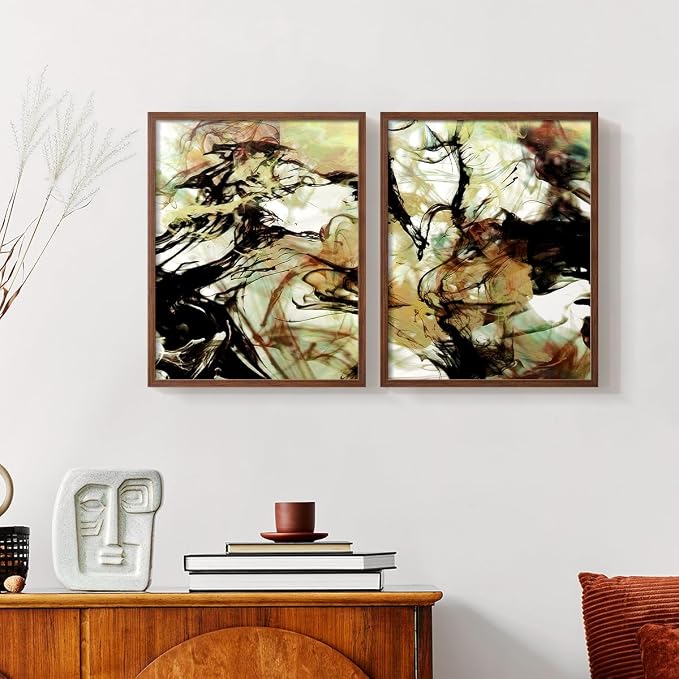 Renditions Gallery Set of 2 Peel & Stick Framed Prints, Abstract Wall Art, Vaping Smoke Design Wall Decor, Re-Stickable - Ready to Hang - 16"x20" - Walnut Frame LT588