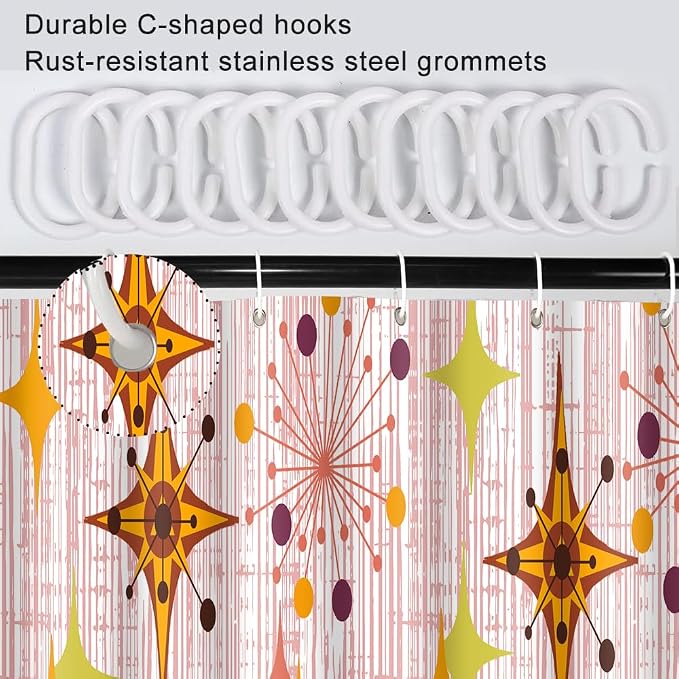 Mid Century Shower Curtain, 36x72inch, Modern Abstract Retro Red Striped Geometric Shower Curtain Sets 1950s Boho Bathroom Shower Curtain with 6 Hooks