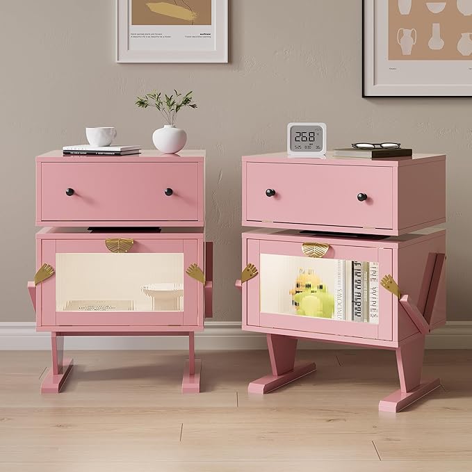 RoyalCraft Large Nightstand Set of 2 with LED Lighs, Pink End Table with 360°Rotating Drawer, Modern Bedside Table with Storage, Wood Night Stand for Bedroom, Home Office, Pink