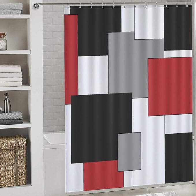 Red Black Shower Curtain,Retro Modern Geometry Minimalist Neutral Design Bathroom Curtain Polyester Waterproof Fabric Decor 66x72in（168x183cm）