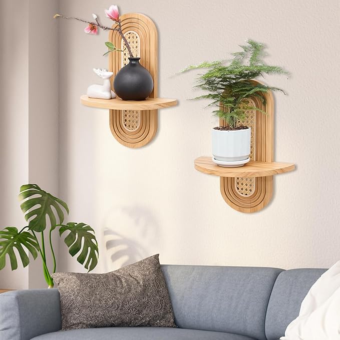 Floating Shelves for Wall, Boho Rattan Shelf Set of 2, Unique Small Decorative Shelf Wall-Mounted, Nature Wood Shelves for Living Room,Bedroom,Nursey Room (Natural)