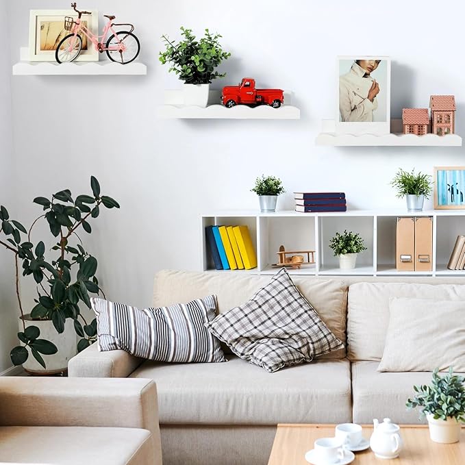 Suzile Set of 4 Floating Nursery Book Shelves for Wall Wood Floating Bookshelves Picture Small Ledge Shelf for Wall Boys Girls Teen Room Bathroom Bedroom Decor Storage(White)