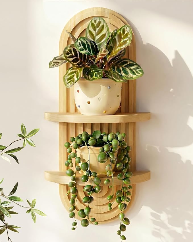 Bamworld Boho Wall Decor Plant Wall Shelf Mid Century Modern Decor Hanging 22in Plant Shelf 2-Tier Wooden Floating Shelves Natural