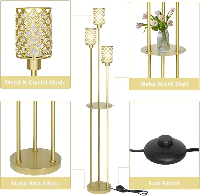 Gold Floor Lamps for Living Room, Standing Floor Lamp with shelves, Tall Lamp with Table, Modern Mid Century Floor Lamp with E26 Base, Coner Crystal Floor Light for Bedroom (Without Bulb) (Gold)