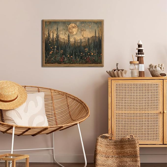 Vintage Nature Forest Wall Art Dark Moon Landscape Painting Wall Decor Woodland Picture Artwork 3D Textured Hand Drawn Sandstone for Farmhouse Bedroom Living Room 12x16 inch Wood Framed
