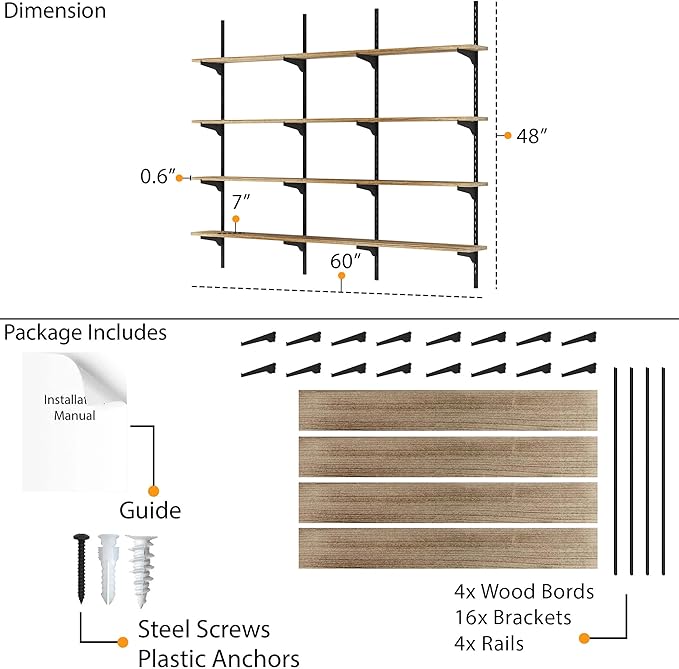 Wallniture Turin 60 Inch Floating Shelf, Adjustable Wall Shelves, Wood Shelving, Wooden Floating Shelves, Wall Mounted Bookshelf, Storage for Living Room, Kitchen, Office, 4 Tier, Burnt Finish