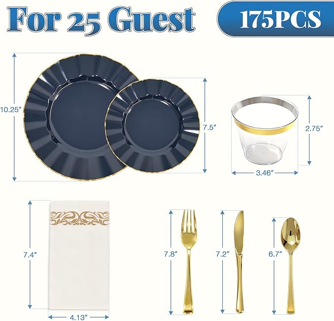 175 Plastic Dinnerware Set, Disposable Dinnerware Set for 25 Guests Include 50 Plastic Plates,25 Silverware Set,25 Cups and 25 Napkins for Christmas,Party,Wedding(Navy Blue and Gold)