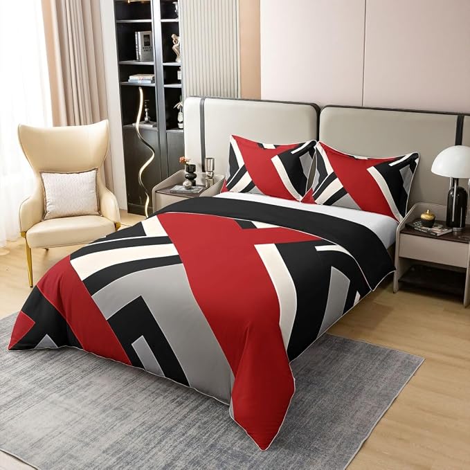 Erosebridal Red Black Grey Bedding Set King Geometric Triangle Stripe 100% Cotton Duvet Cover Simple Lines Comforter Cover for Kids Teens Adults Nordic Style Bed Set 3 Pcs