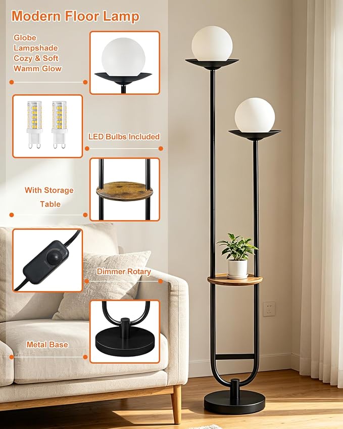 Lightdot 63IN Black Floor Lamp with U Pole, 2 Globe Mid Century Standing Lamps Dimmable with 3000K Warm White LED Bulbs, Unique Vintage Tall Floor Lamp for Living Room/Wedding/Party