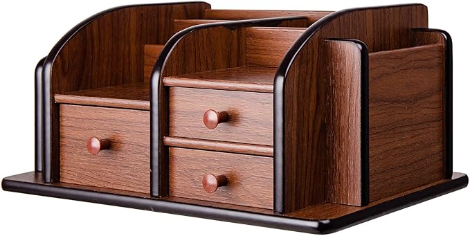 Liry Products Brown Wooden Desk Organizer Multiple Compartments 3 Drawers Slots 2 Shelves Racks Holder Office Supplies Caddy Tabletop Storage Desktop Stationery Accessory Sorter Home Kitchen