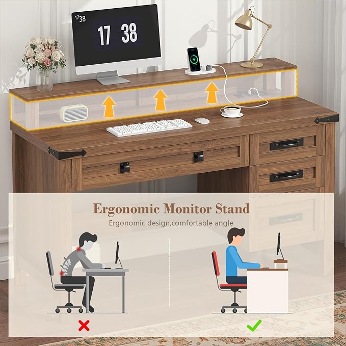 YOMILUVE Farmhouse Executive Desk with Drawers, 47" Computer Desk with Power Outlets, Home Office Desk with Monitor Stand & 4 Drawers, Small Desk Writing Study Table, Brown