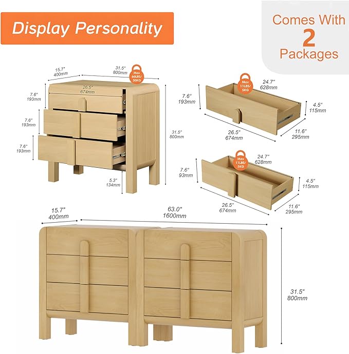 WAMPAT Large Sideboard Buffet Cabinet with Storage with 6 Drawers, Modern French 63" W Buffet Cabinet with Storage, Wood Coffee Bar Cabinets with Curved Edge Design for Kitchen Living Room, Oak