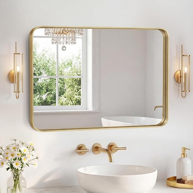 NEWBULIG 24X32 Inch Bathroom Mirror for Over Sink, Wall Vanity Mirrors Tempered Glass, Anti-Rust Metal Framed Rounded Rectangle, Hangs Horizontally or Vertically, Farmhouse Home Decor, Gold