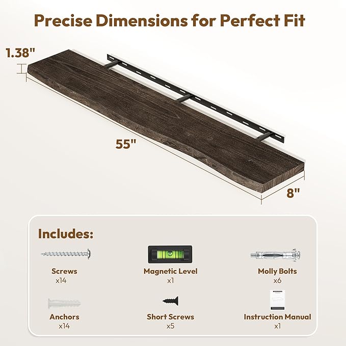 Vivelove Live Edge Floating Shelves for Wall Solid Elm Wood, Rustic Farmhouse Wall Shelf with Invisible Bracket for Living Room Bedroom Bathroom Office Book, 55 Inches - Set of 1 - Dark Walnut