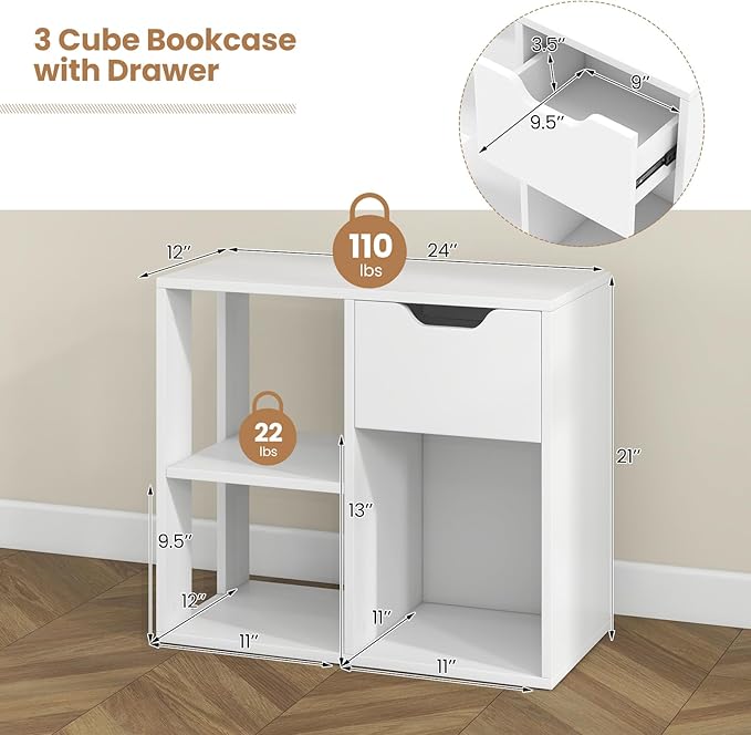 LOKO 3-Cube Bookshelf with Drawer Set of 2, 2-Tier Open Shelf Bookcase, Freestanding Display Shelf, Modern Home Storage Organizer, Shelving Unit for Living Room, Study, Office (2, White)