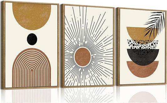 Bwodke Boho Wall Art, Framed Abstract Sun Wall Art, Neutral Canvas Wall Decor, Mid Century Geometric Line Pictures Set of 3, Minimalist Paintings, for Bedroom Living Room Bathroom 12"x16"
