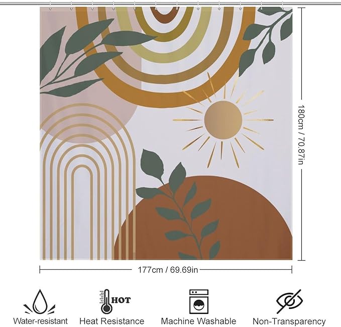 Mid Century Shower Curtain,Boho Modern Abstract Minimalist Gold Sun Bathroom Curtain Polyester Waterproof Fabric Decor 72x72in（183x183cm）