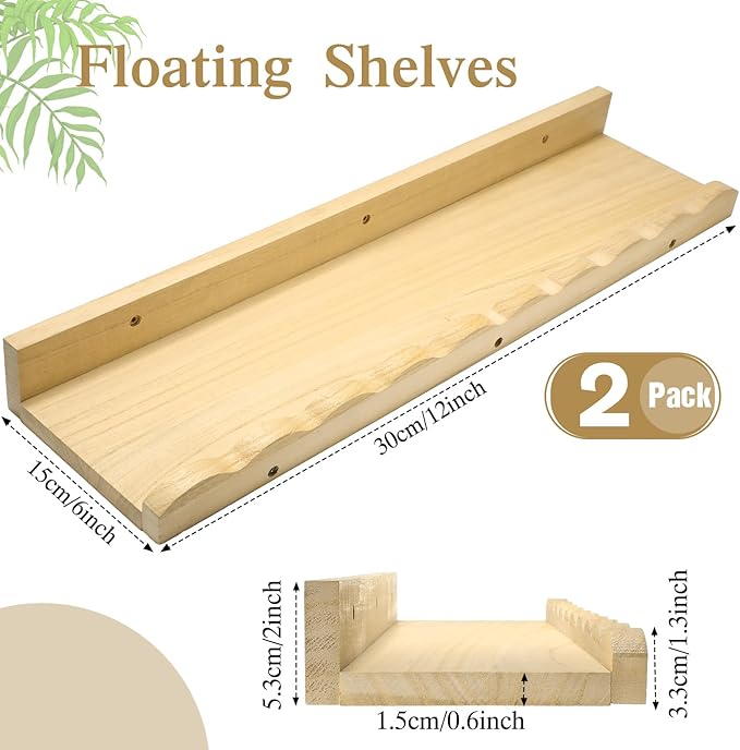 Suzile 2 Pcs Scalloped Shelves Wall Floating Shelves Set for Room, Bathroom, Bedroom, Cute Room Decor Aesthetic and Books, Toys, Photo Frames Storage(12",Natural)