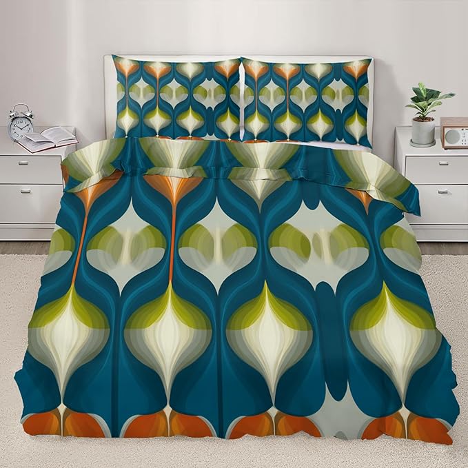 Mid Century Modern Duvet Cover Full Size, Groovy Abstract Retro Bedding Set 3 Piece, Blue Green Geometric Patterned Comforter Cover with Zipper Soft Microfiber, 2 Pillowcases