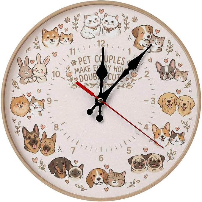Adorable Animal Pairs Silent Non-Ticking Wooden Wall Clock 10/12 inch, Frameless Cute Pet Couples Design for Kids Room, Bedroom, Kitchen, Office, Battery Operated Home Decor Gift