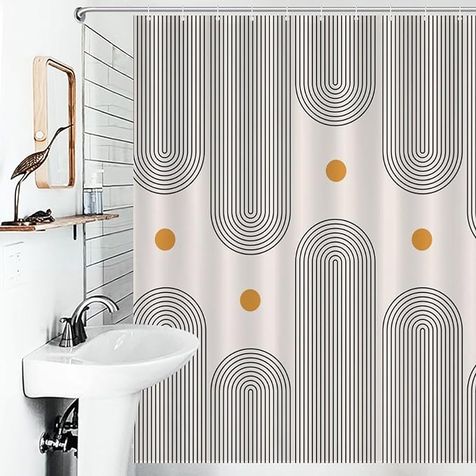 Boho Mid Century Shower Curtain, Minimalist Abstract Arch Sun Modern Bathroom Curtain Polyester Waterproof Fabric Decor 66x72in（168x183cm）